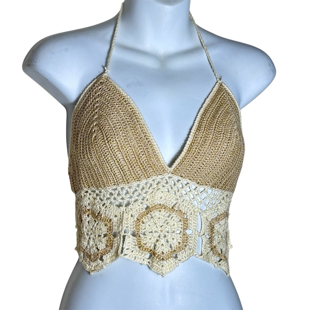 Crochet Halter Top in Beige and Cream